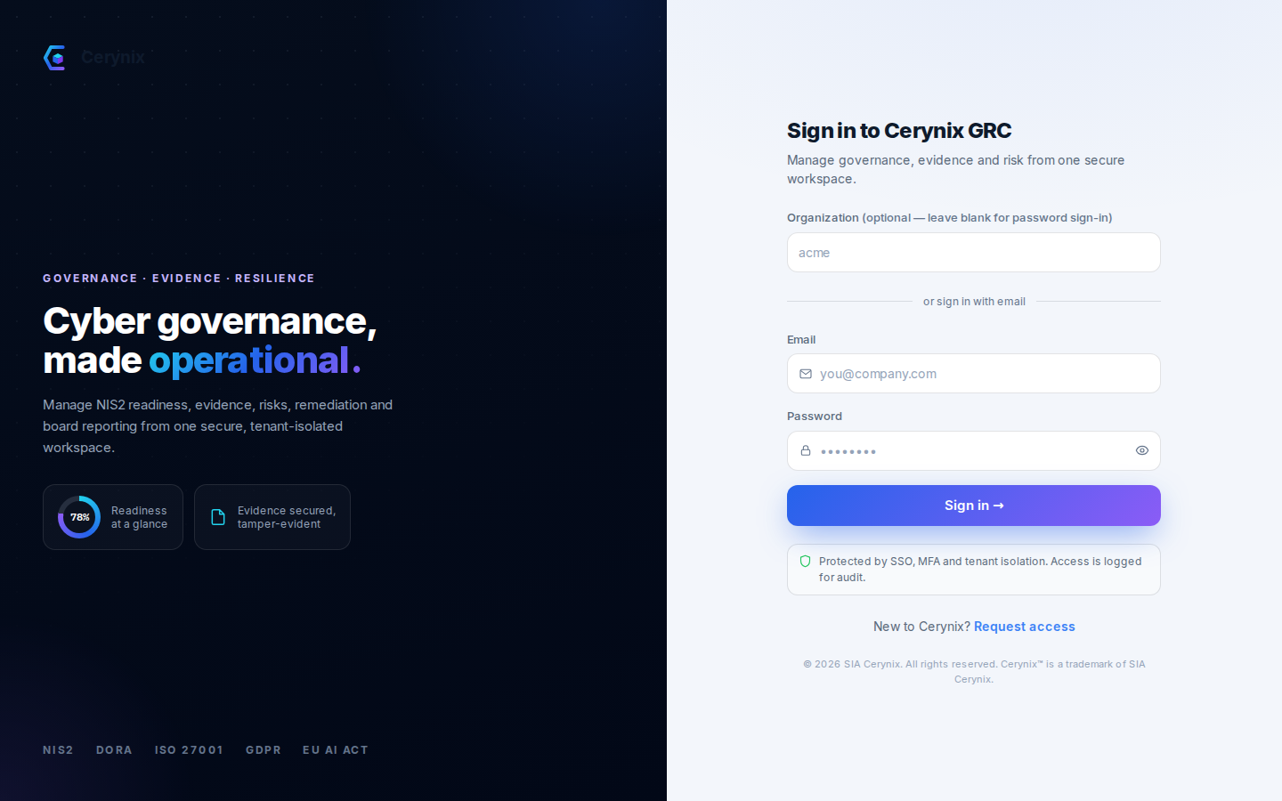 Cerynix sign-in page with SSO, MFA and password options